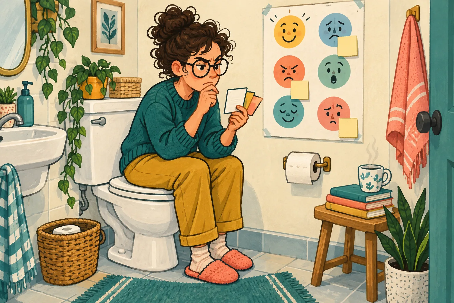 Illustration of a learner studying flashcards on a closed toilet lid, facing a feelings poster.