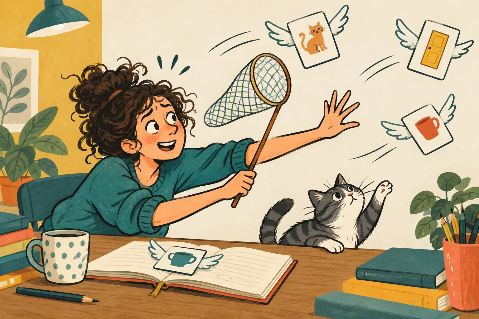 Illustration of a learner and a cat trying to catch flashcards with wings as they fly away.